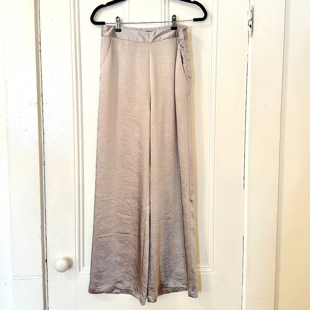 Nasty Gal Lilac Silver Metalic Satin High Waist Wide Leg Pant Side Zip size 10